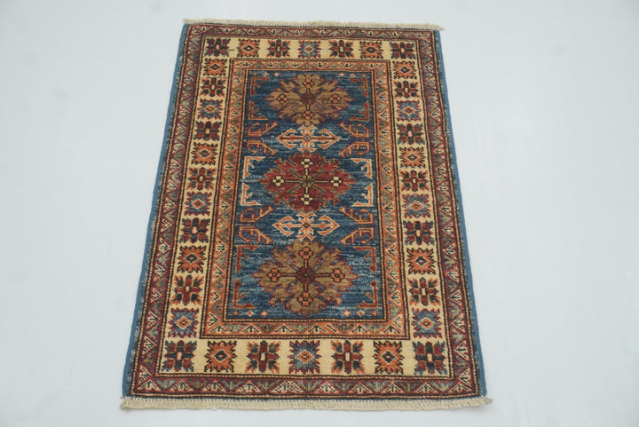 2x3 Blue Kazak Hand-Knotted Afghan Rug - Yildiz Rugs
