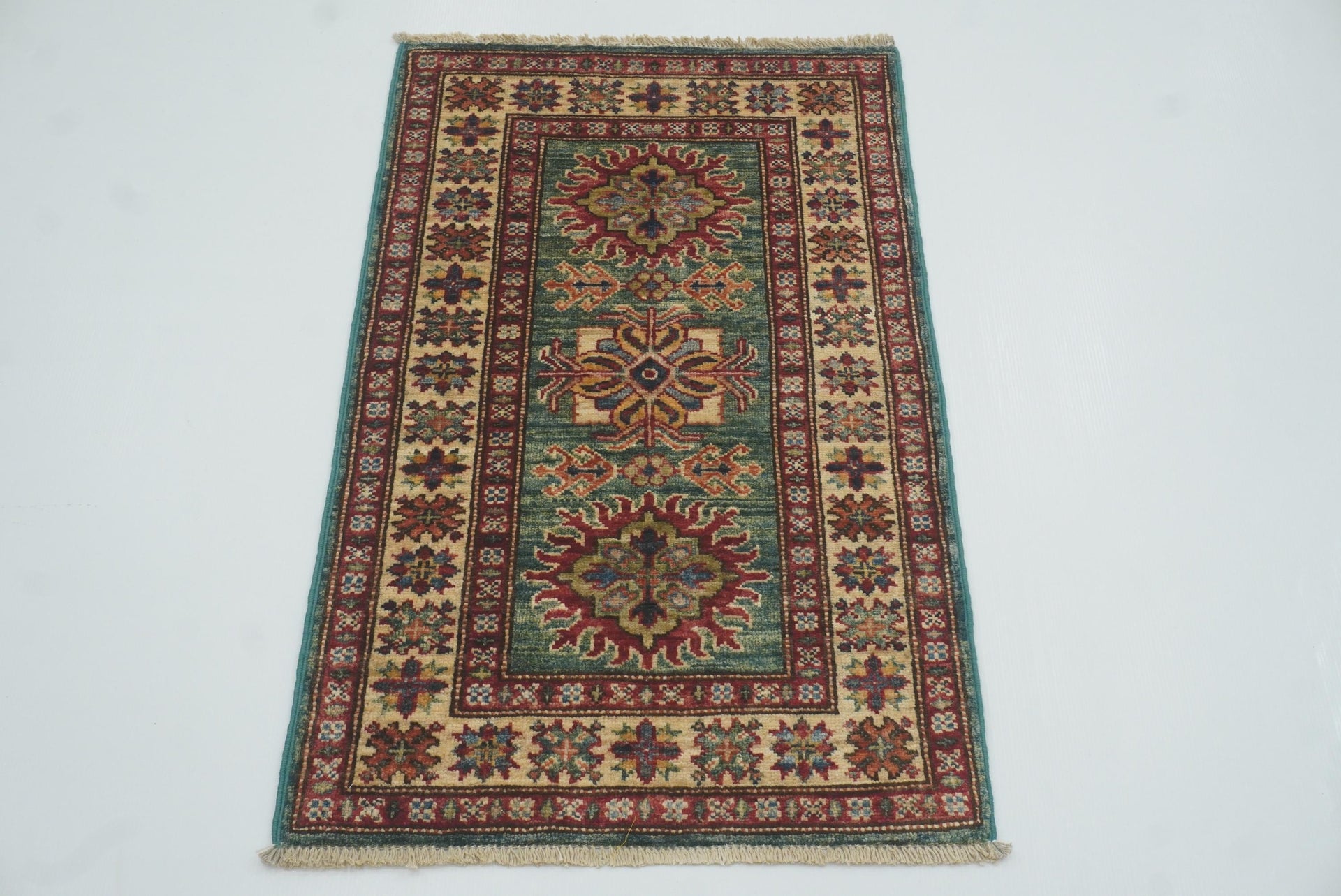 2x3 Green Kazak Hand-Knotted Afghan Rug - Yildiz Rugs