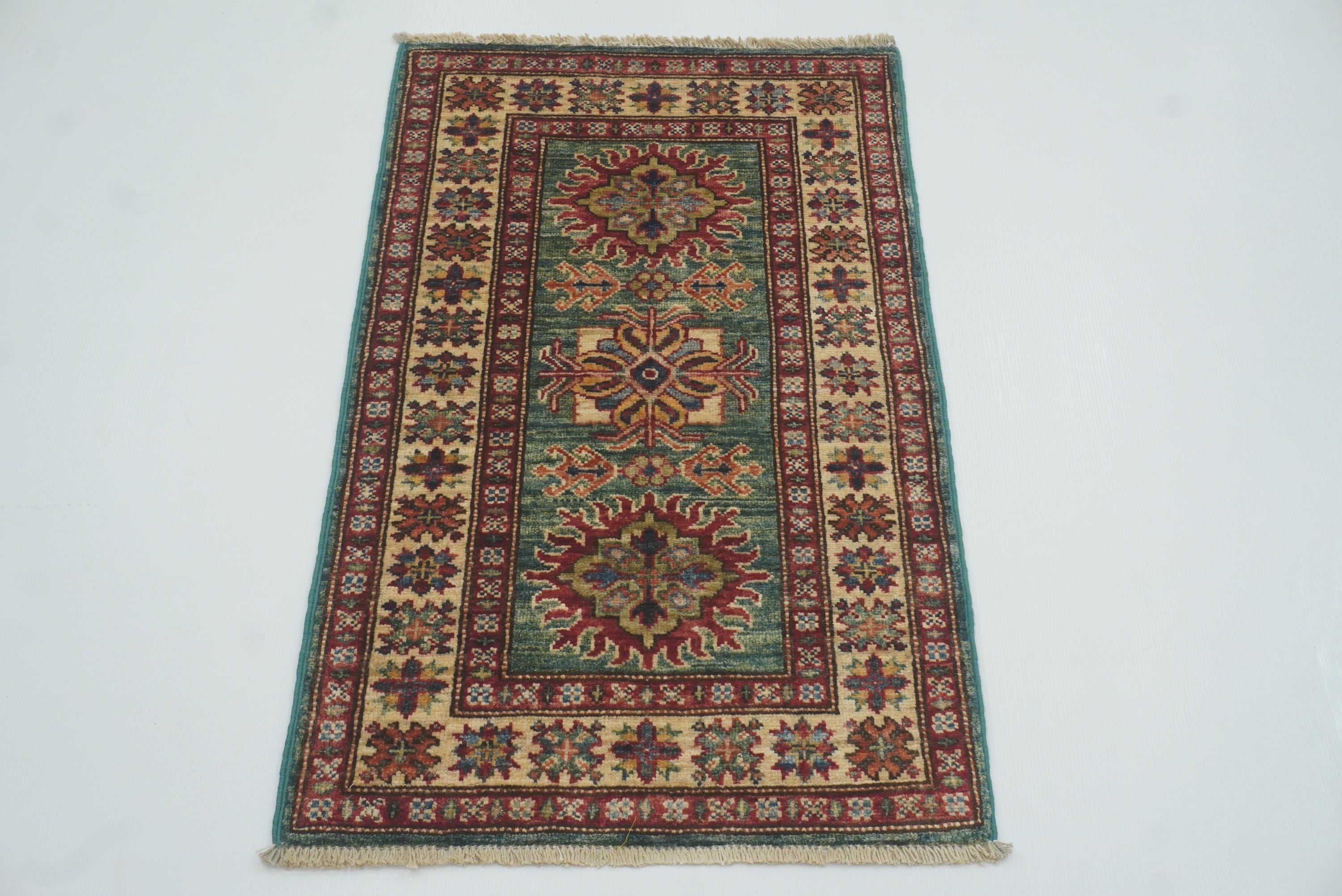 2x3 Green Kazak Hand-Knotted Afghan Rug - Yildiz Rugs