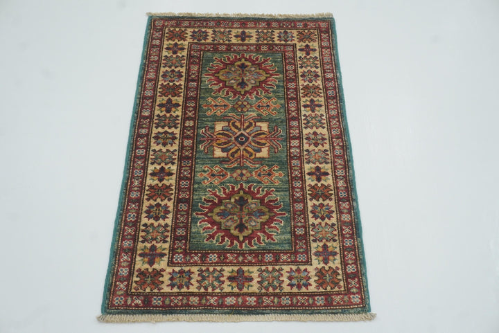 2x3 Green Kazak Hand-Knotted Afghan Rug - Yildiz Rugs