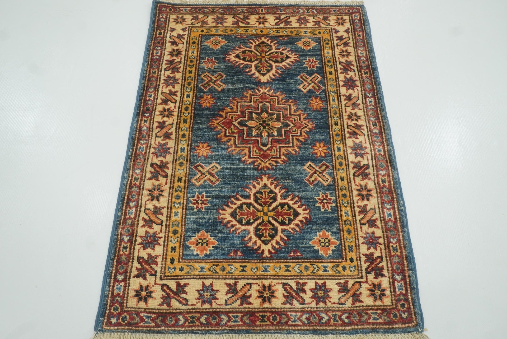 2x3 Blue Kazak Hand-Knotted Afghan Rug - Yildiz Rugs