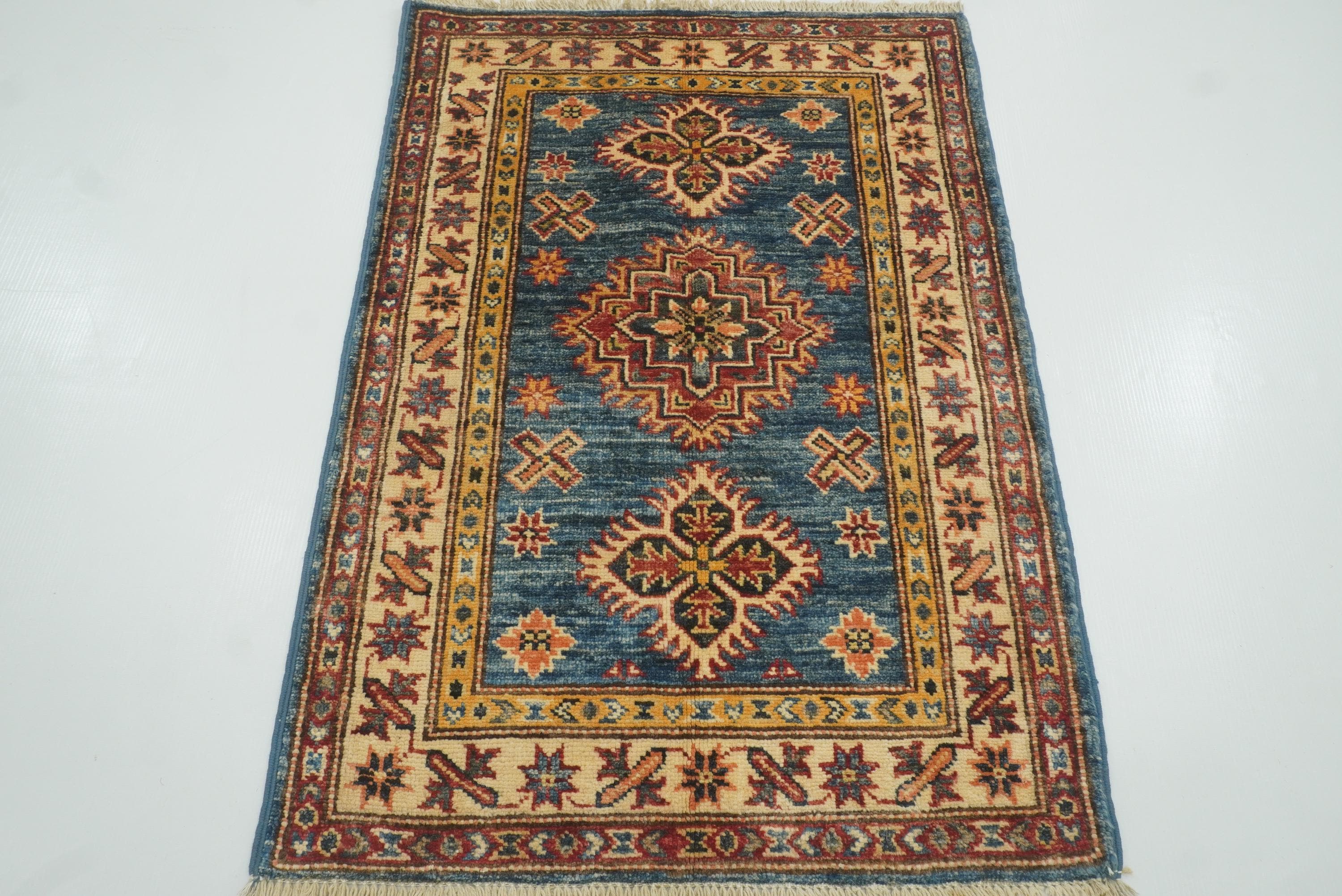 2x3 Blue Kazak Hand-Knotted Afghan Rug - Yildiz Rugs