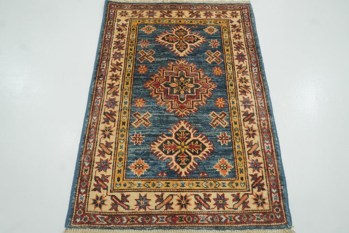 2x3 Blue Kazak Hand-Knotted Afghan Rug - Yildiz Rugs