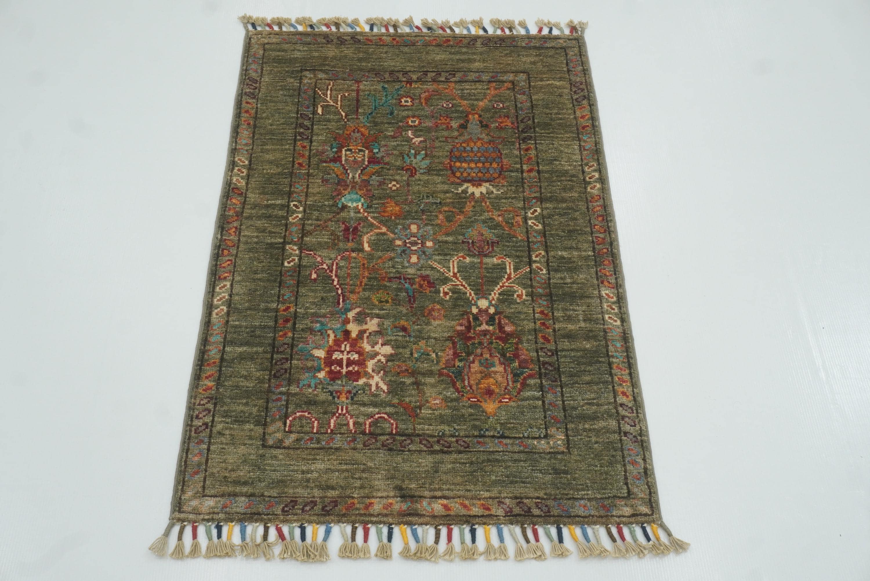 2x3 Green Afghan Waziri Floral Hand Knotted Rug - Yildiz Rugs