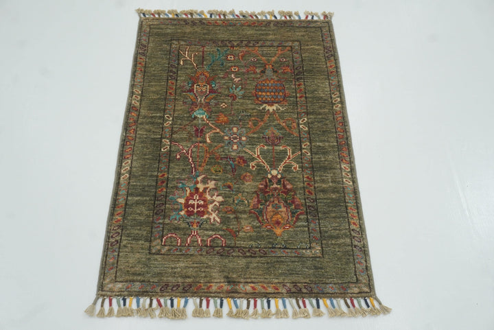 2x3 Green Afghan Waziri Floral Hand Knotted Rug - Yildiz Rugs