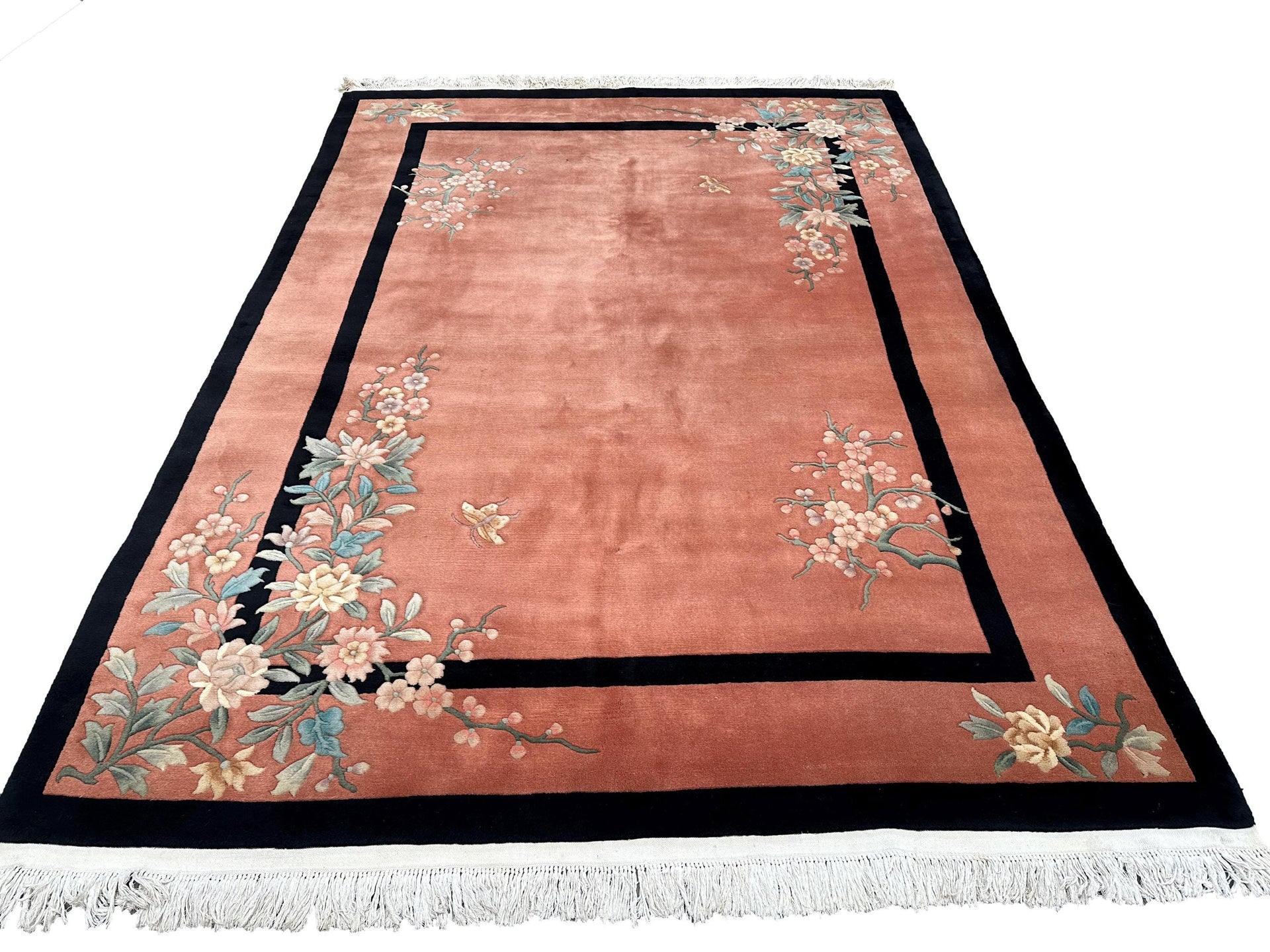 8x11 Coral Salmon Vintage 1970s Hand-Knotted Chinese Art Deco Rug - Yildiz Rugs