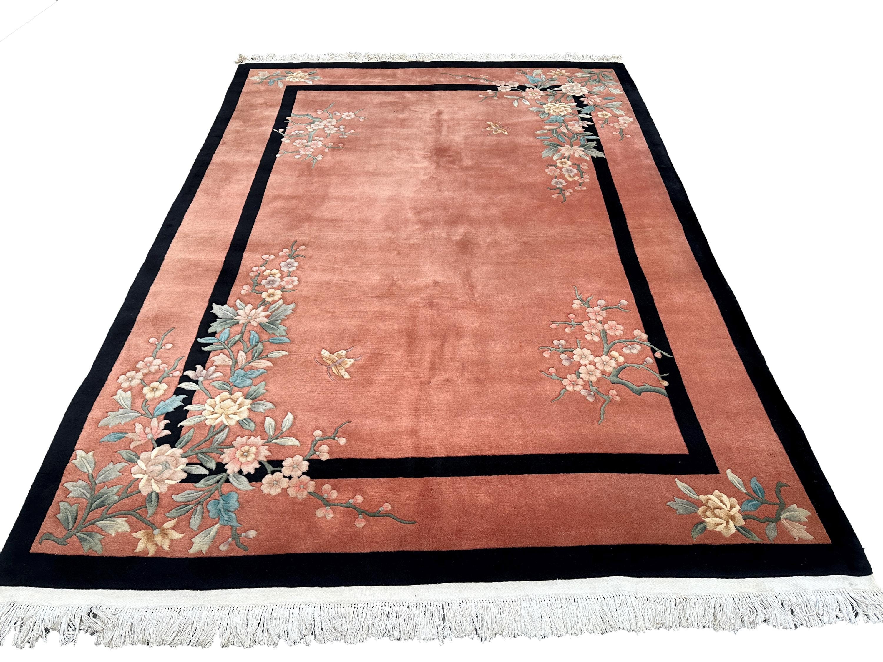 8x11 Coral Salmon Vintage 1970s Hand-Knotted Chinese Art Deco Rug - Yildiz Rugs