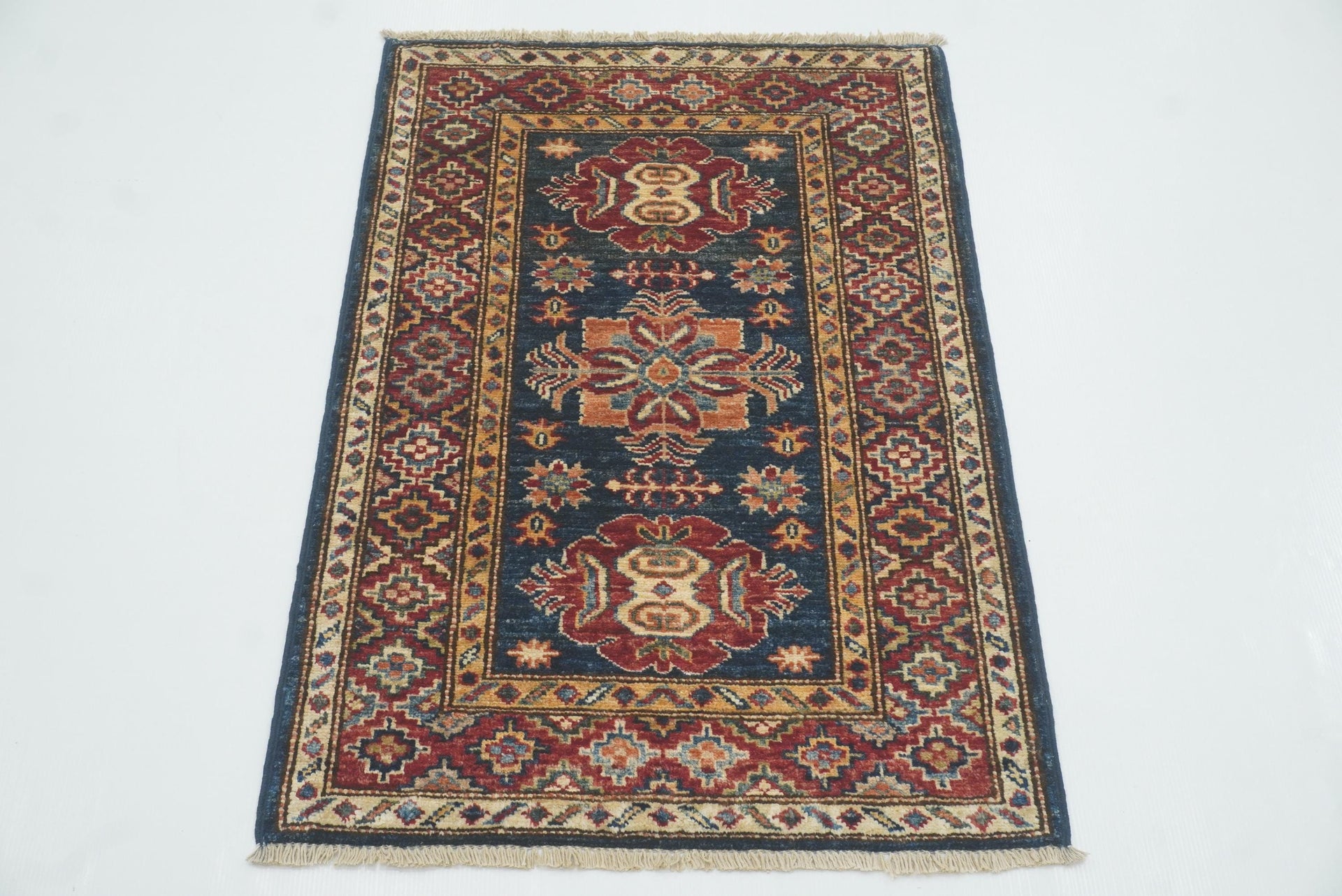 2x3 Navy Blue Kazak Hand-Knotted Afghan Wool Rug - Yildiz Rugs