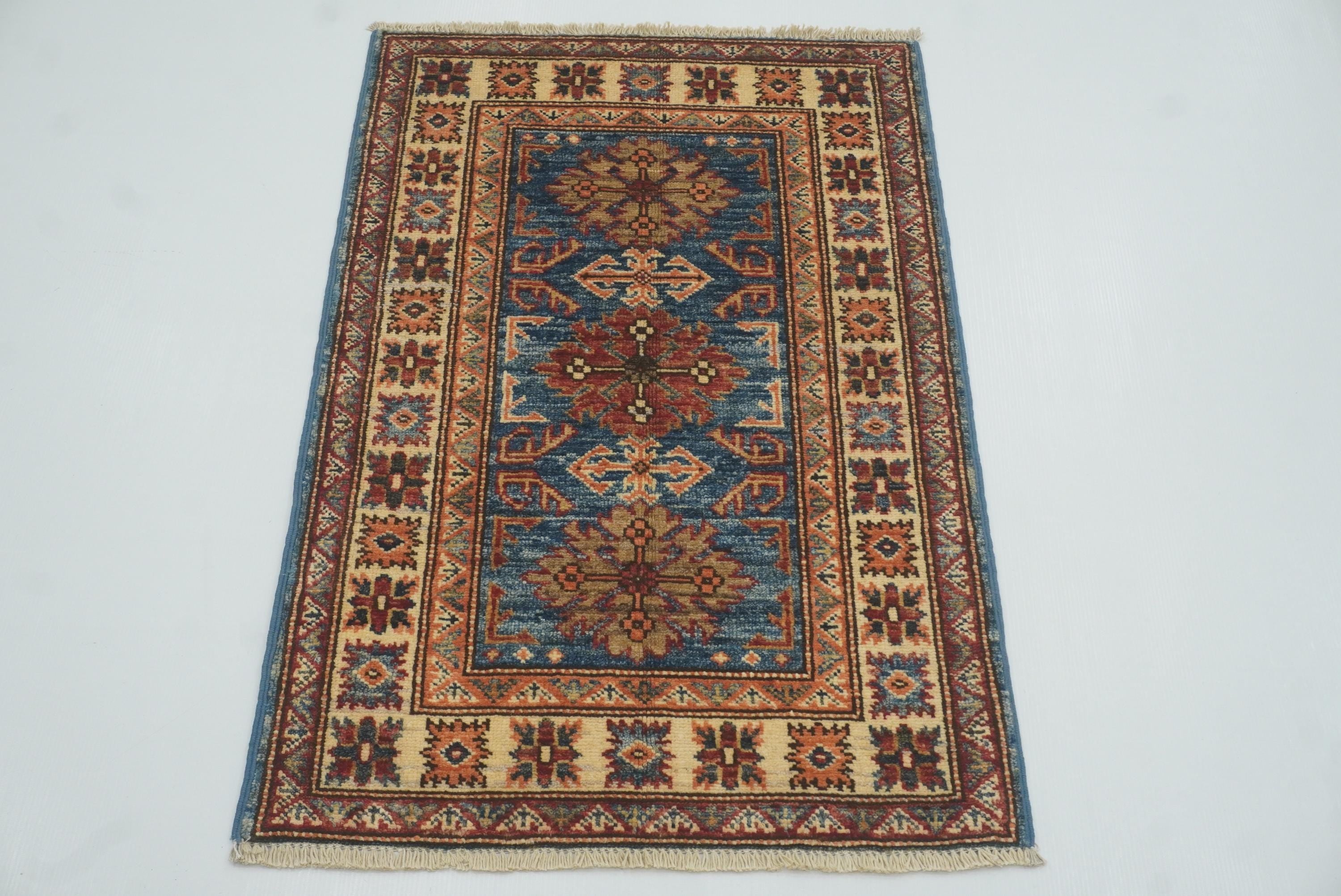 2x3 Blue Kazak Hand-Knotted Afghan Wool Rug - Yildiz Rugs