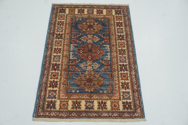 2x3 Blue Kazak Hand-Knotted Afghan Wool Rug - Yildiz Rugs