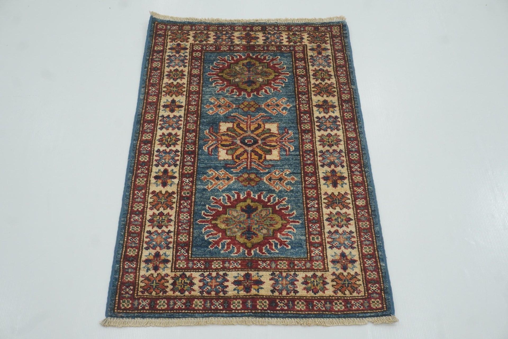 2x3 Blue Kazak Hand-Knotted Afghan Wool Rug - Yildiz Rugs
