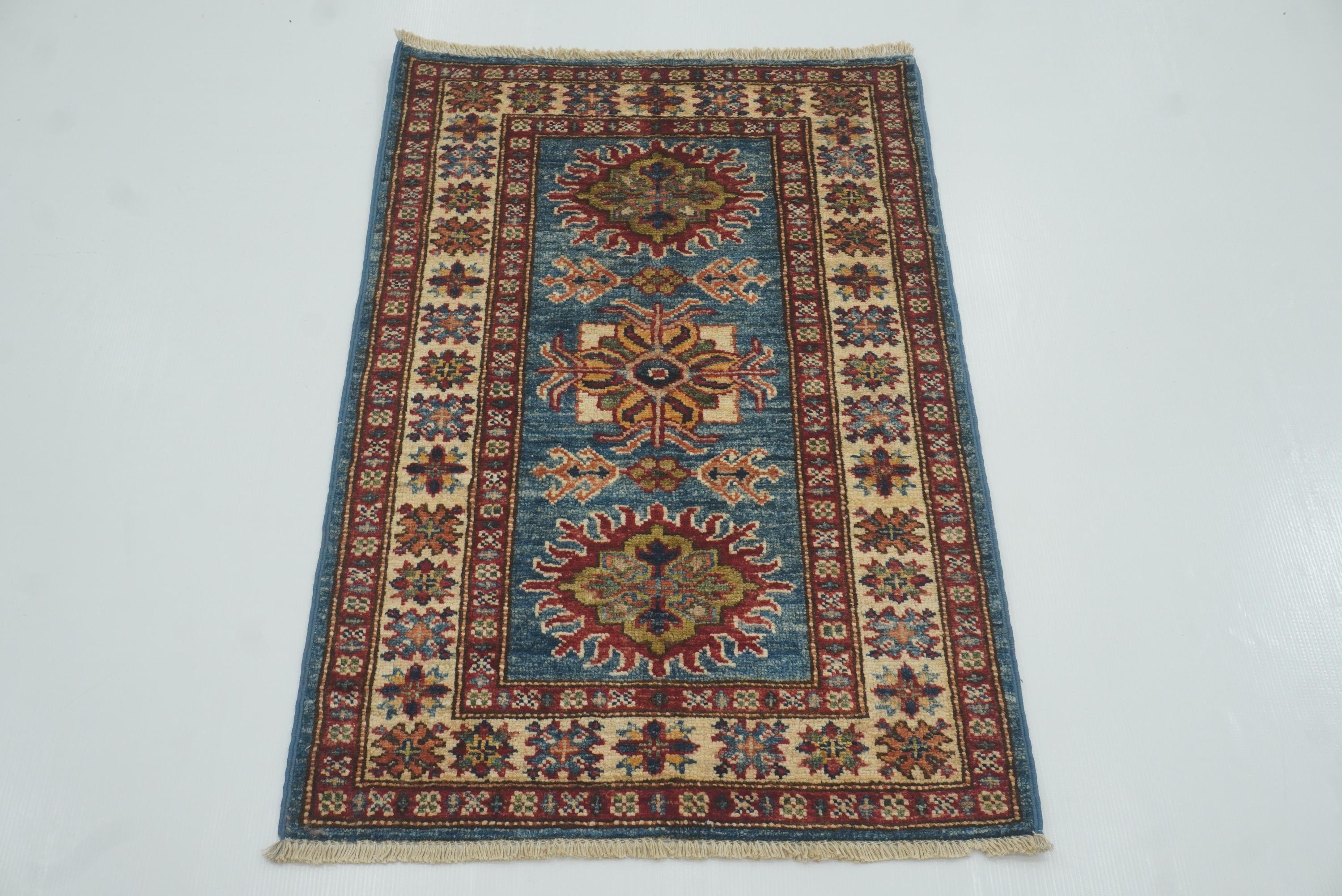 2x3 Blue Kazak Hand-Knotted Afghan Wool Rug - Yildiz Rugs