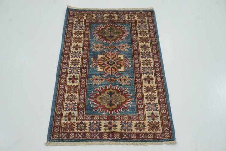 2x3 Blue Kazak Hand-Knotted Afghan Wool Rug - Yildiz Rugs