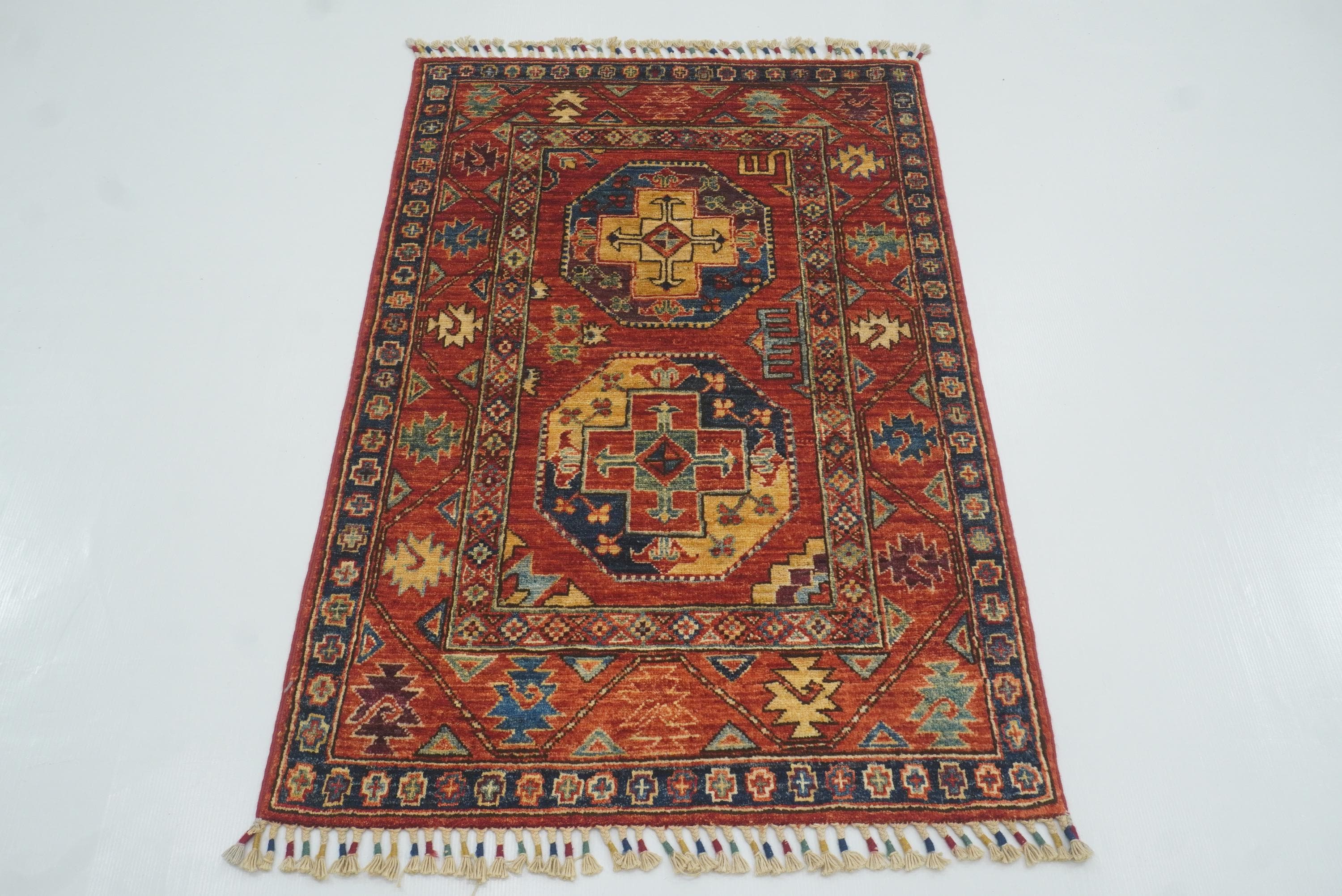 3x4 Red Ersari Hand Knotted Afghan Wool Oriental Rug - Yildiz Rugs