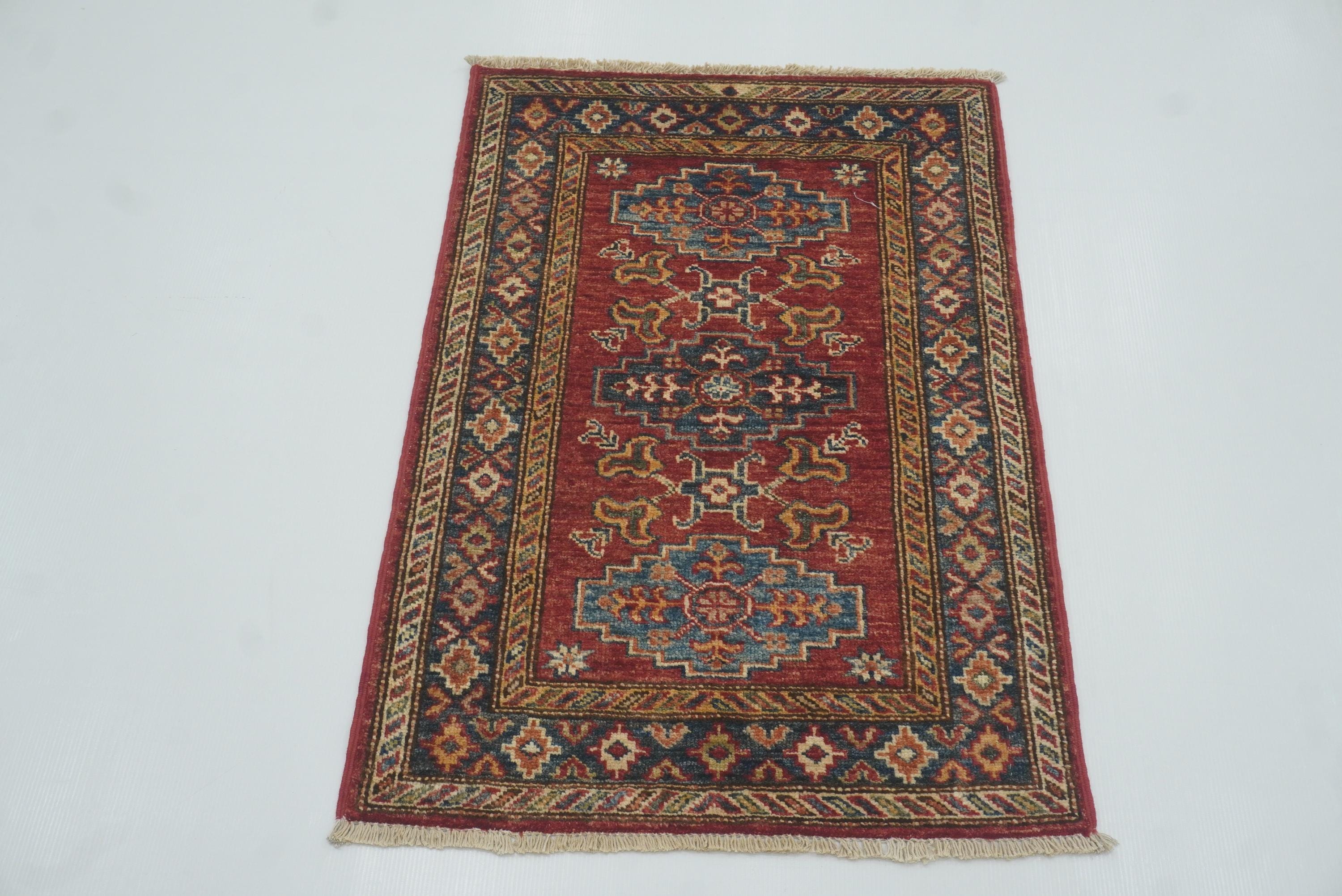 2x3 Red Kazak Hand-Knotted Afghan Rug - Yildiz Rugs