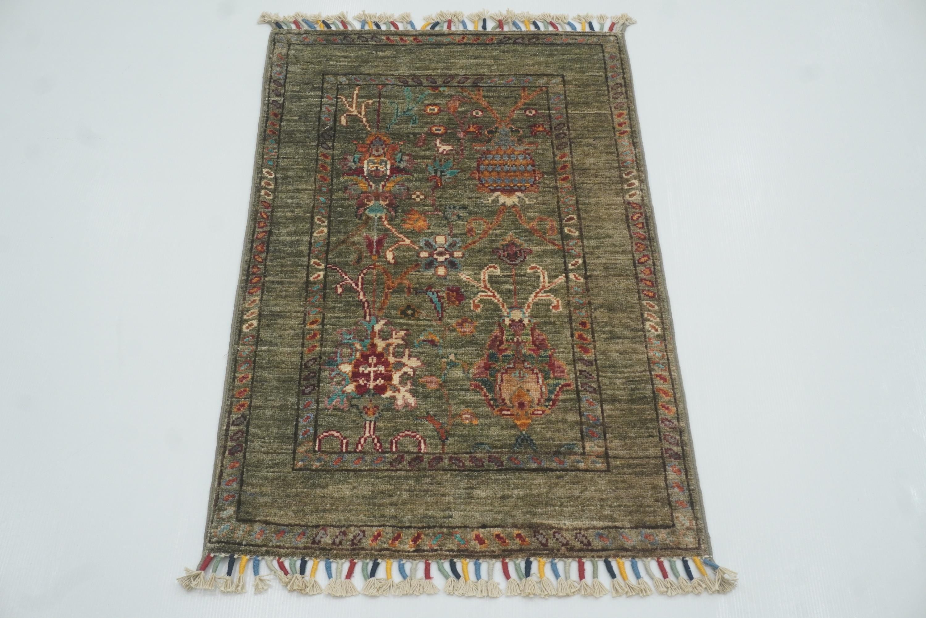 2x3 Green Afghan Waziri Floral Hand Knotted Rug - Yildiz Rugs
