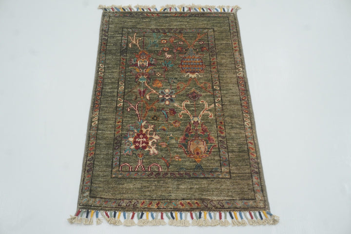 2x3 Green Afghan Waziri Floral Hand Knotted Rug - Yildiz Rugs