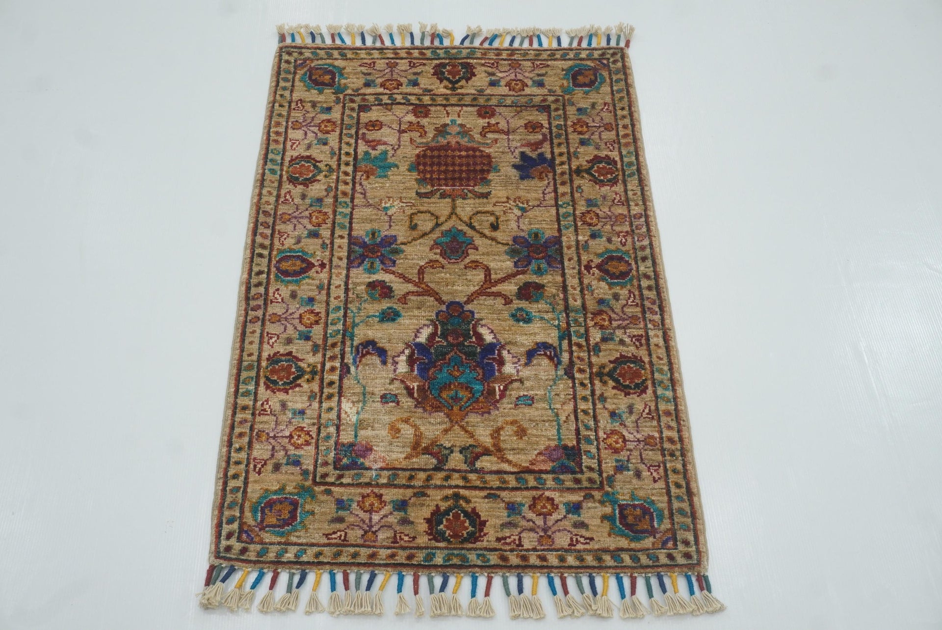 2x3 Beige Afghan Waziri Floral Hand Knotted Rug - Yildiz Rugs