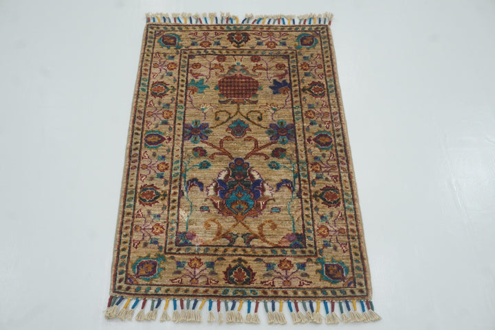 2x3 Beige Afghan Waziri Floral Hand Knotted Rug - Yildiz Rugs