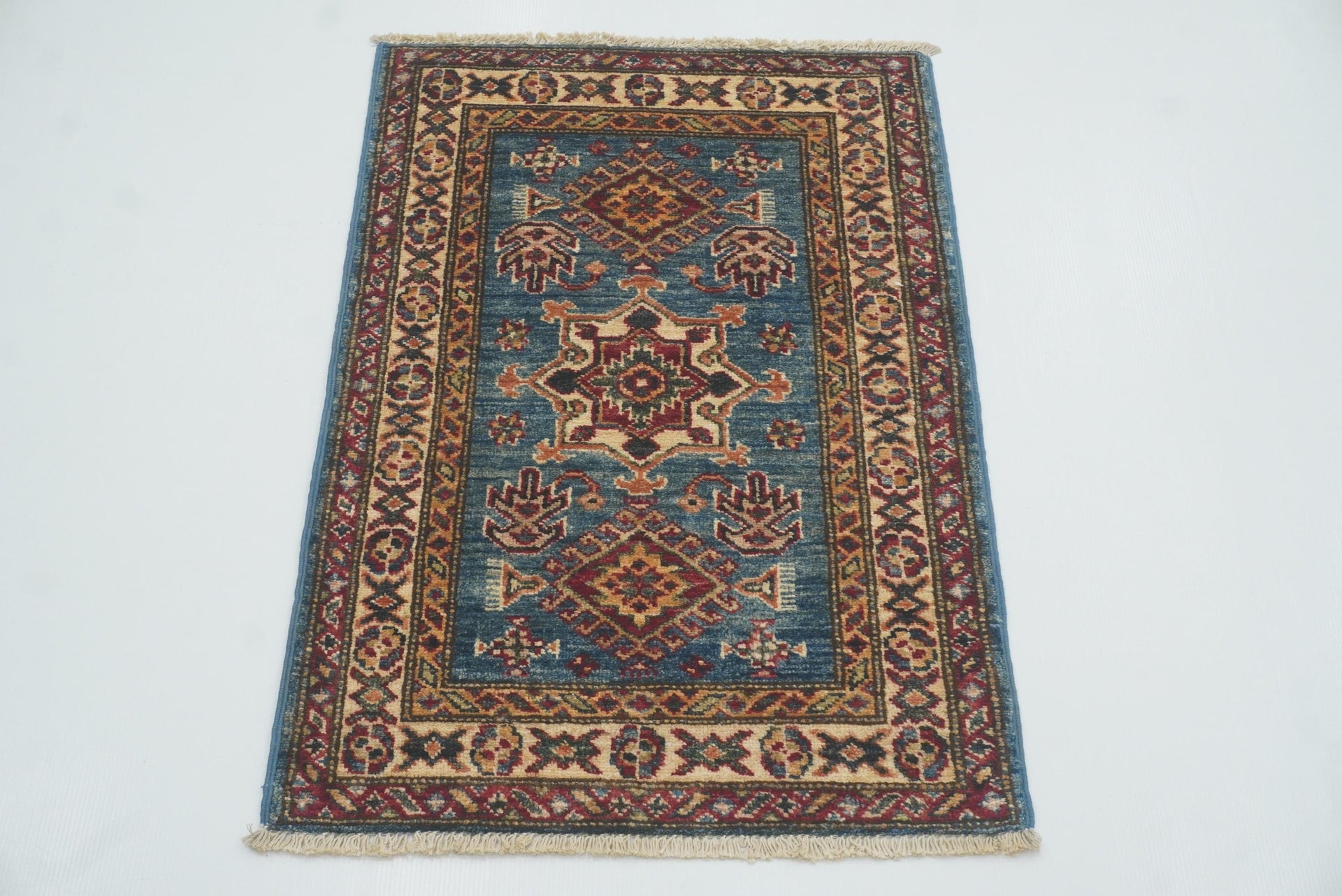 2x3 Blue Kazak Hand-Knotted Afghan Rug - Yildiz Rugs