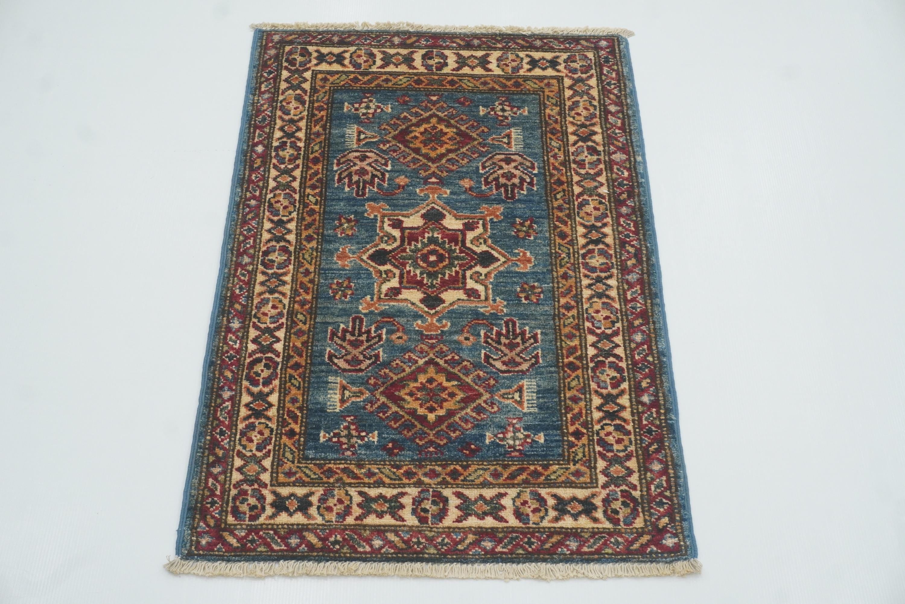 2x3 Blue Kazak Hand-Knotted Afghan Rug - Yildiz Rugs