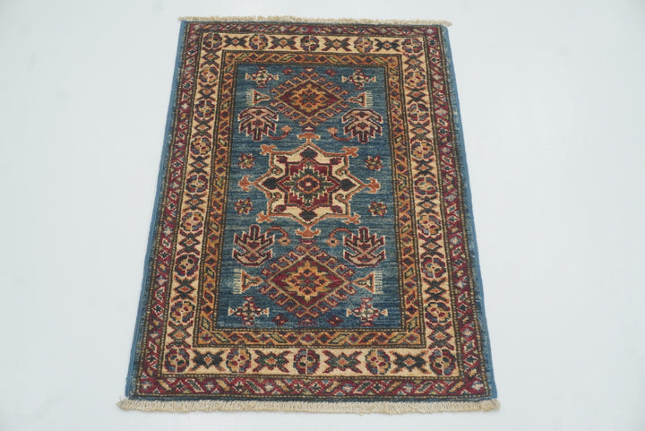 2x3 Blue Kazak Hand-Knotted Afghan Rug - Yildiz Rugs