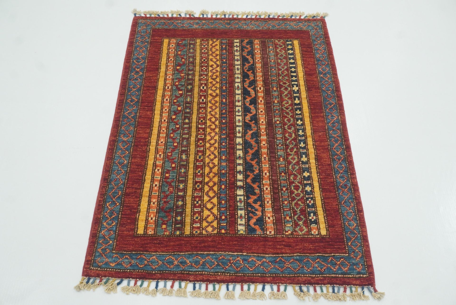 3x4 Red Striped Afghan Hand knotted Rug - Yildiz Rugs