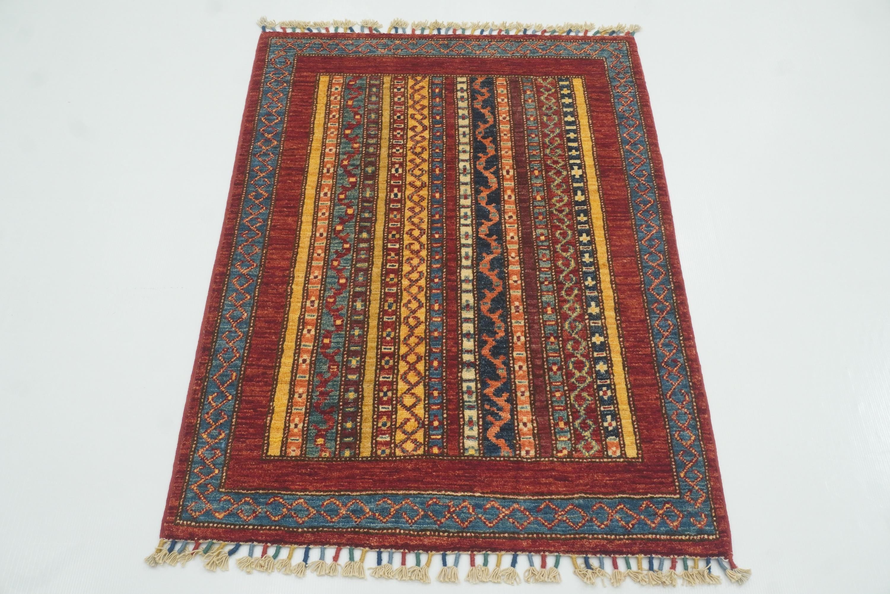 3x4 Red Striped Afghan Hand knotted Rug - Yildiz Rugs