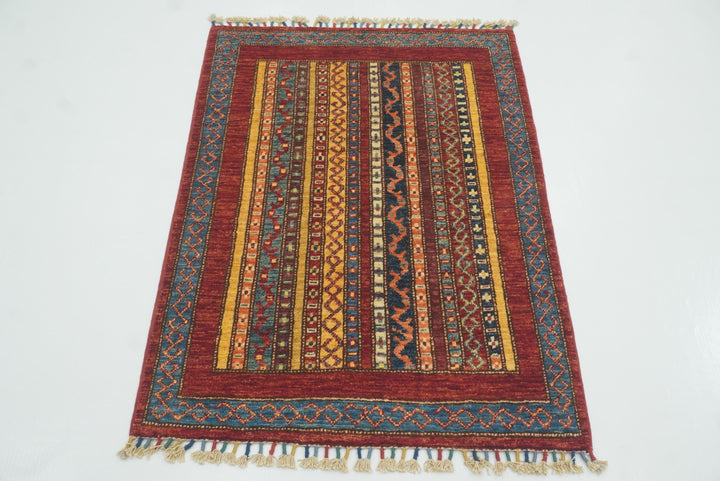 3x4 Red Striped Afghan Hand knotted Rug - Yildiz Rugs