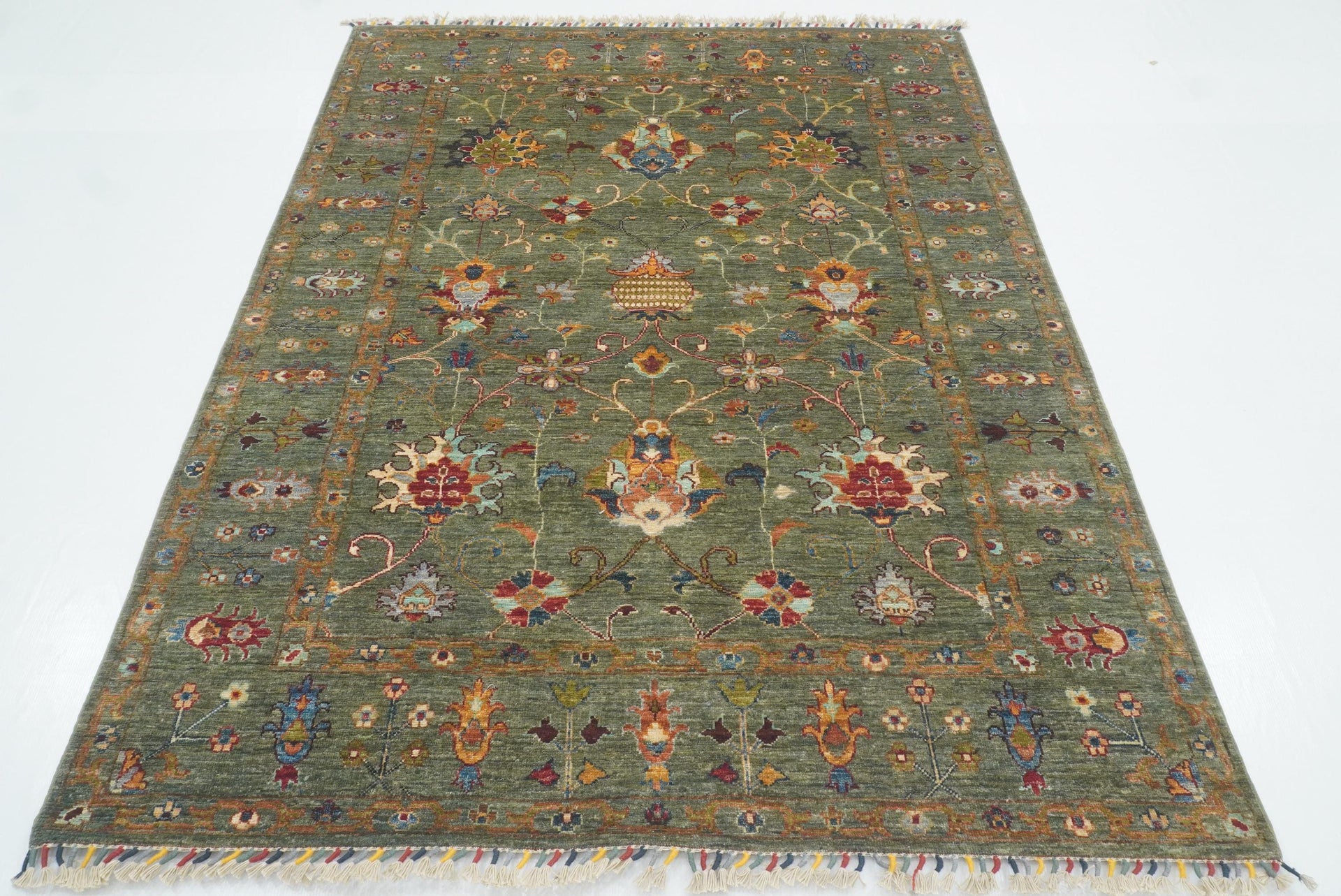 5x7 Waziri Olive Green Hand-Knotted Afghan Oriental Rug