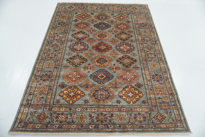 5x7 Gray Kazak Hand Knotted Afghan Geometric Rug - Yildiz Rugs