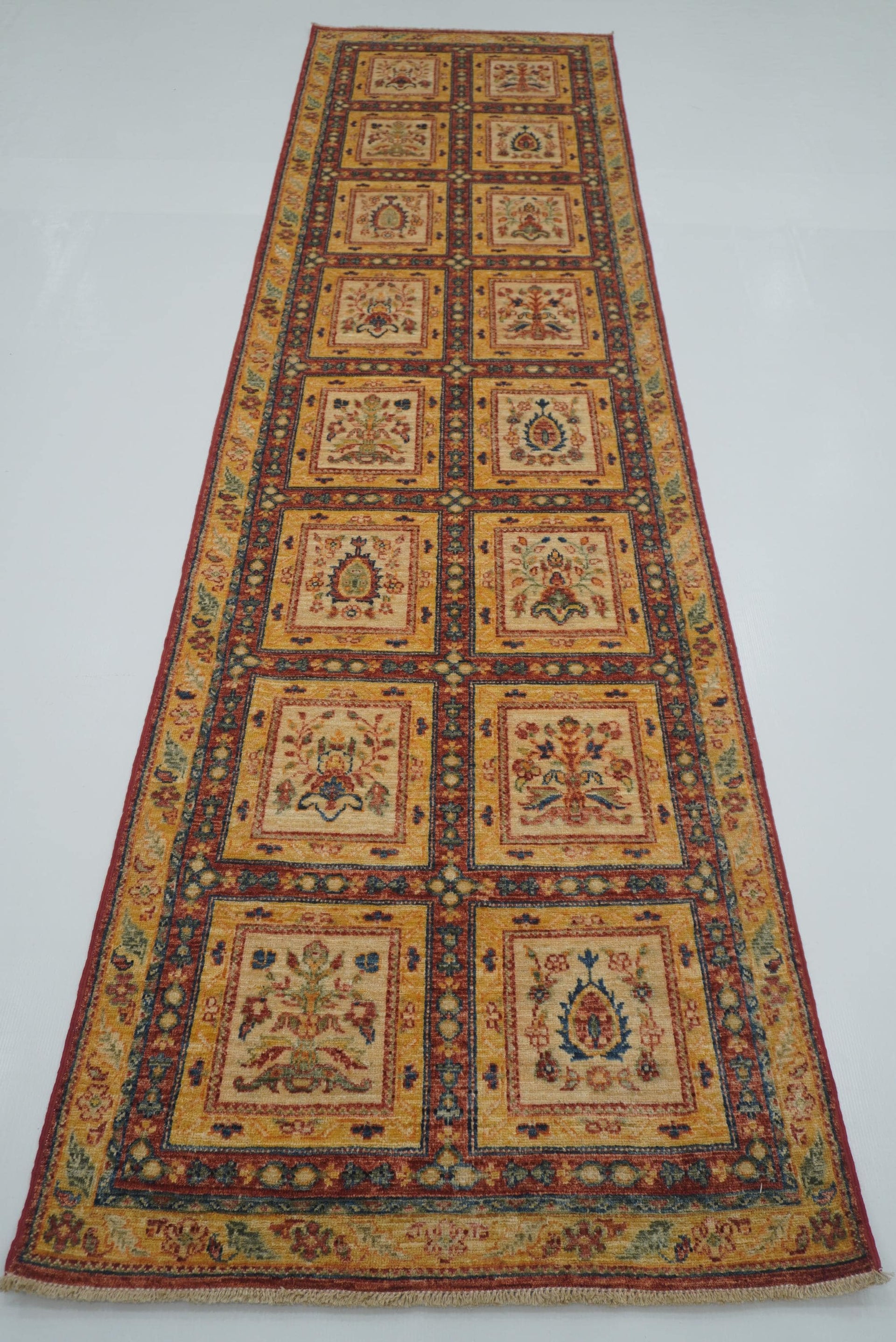 10 ft Beige Hand Knotted Afghan Wool Runner Rug - Yildiz Rugs