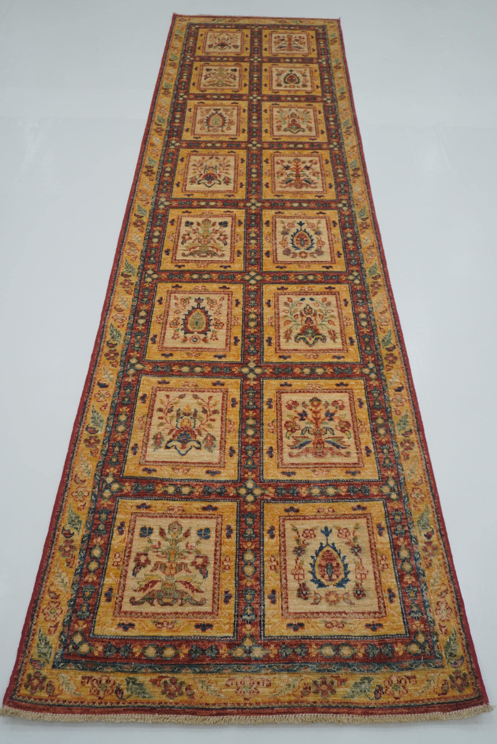 10 ft Beige Hand Knotted Afghan Wool Runner Rug - Yildiz Rugs