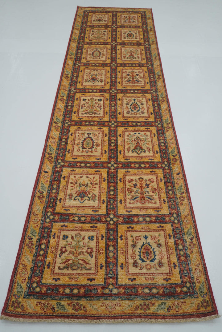 10 ft Beige Hand Knotted Afghan Wool Runner Rug - Yildiz Rugs