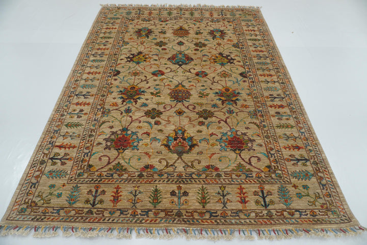 6x8 Beige Waziri Afghan Hand Knotted Oriental Rug - Yildiz Rugs