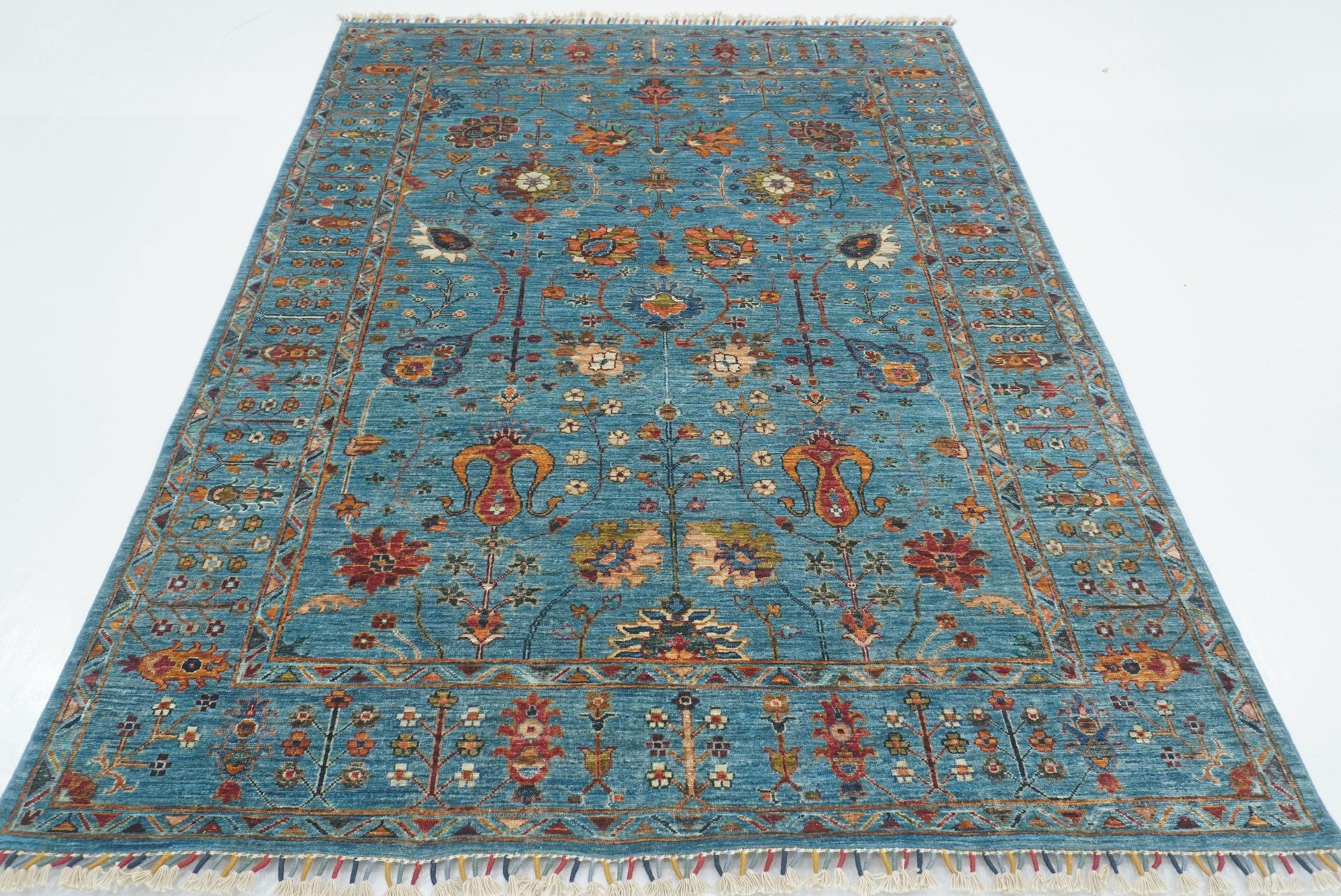 6x8 Waziri Turquoise Blue Afghan Hand Knotted Oriental Rug - Yildiz Rugs