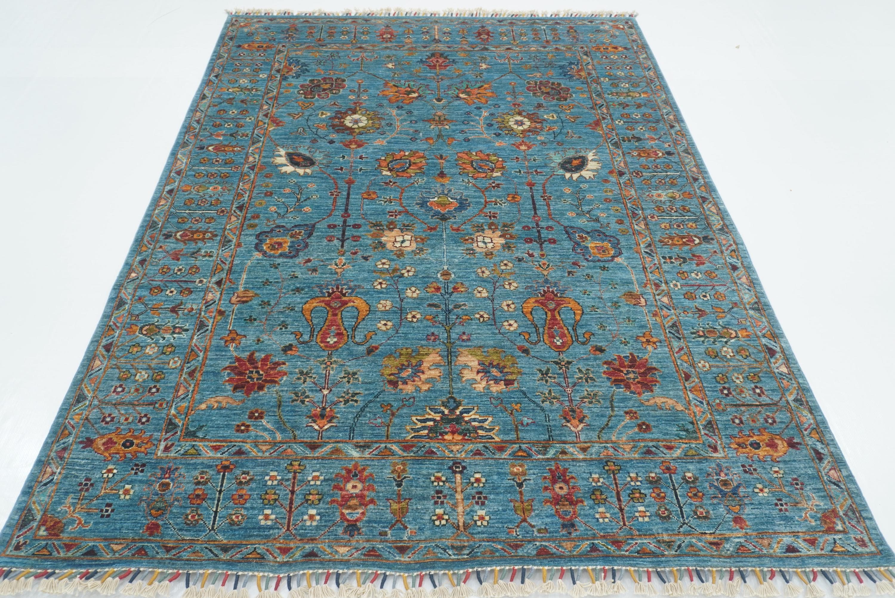 6x8 Waziri Turquoise Blue Afghan Hand Knotted Oriental Rug - Yildiz Rugs