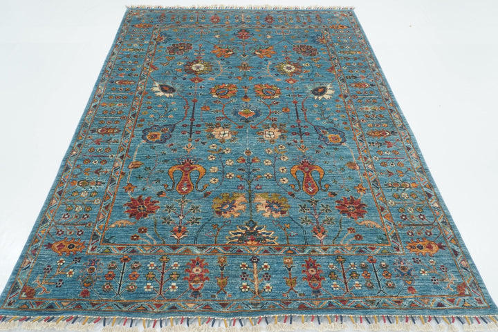 6x8 Waziri Turquoise Blue Afghan Hand Knotted Oriental Rug - Yildiz Rugs