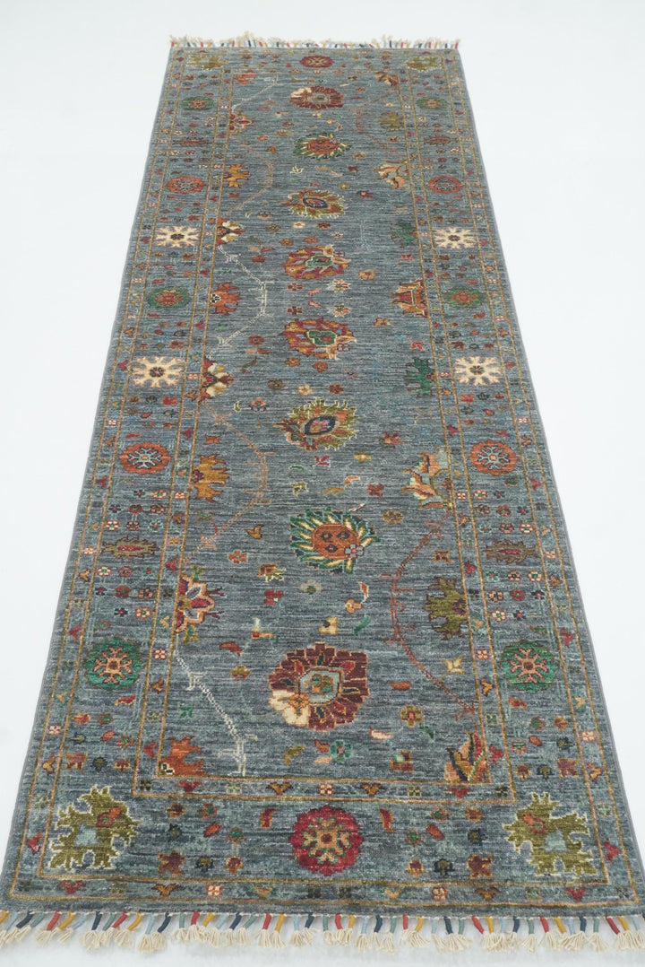 8 ft Waziri Blue Afghan Hand-Knotted Wool Runner Rug - Yildiz Rugs