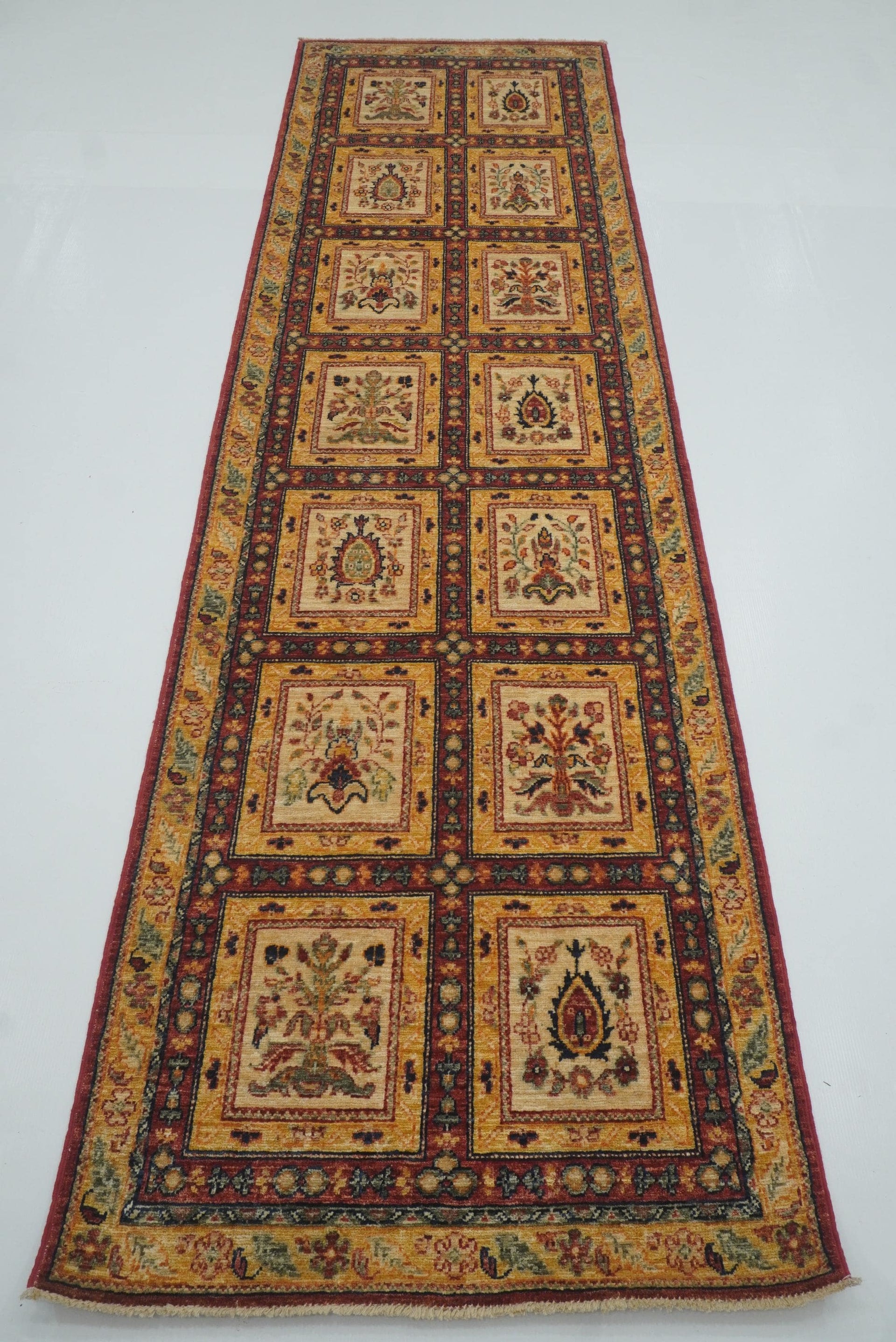 9 ft Beige Hand Knotted Afghan Wool Runner Rug - Yildiz Rugs
