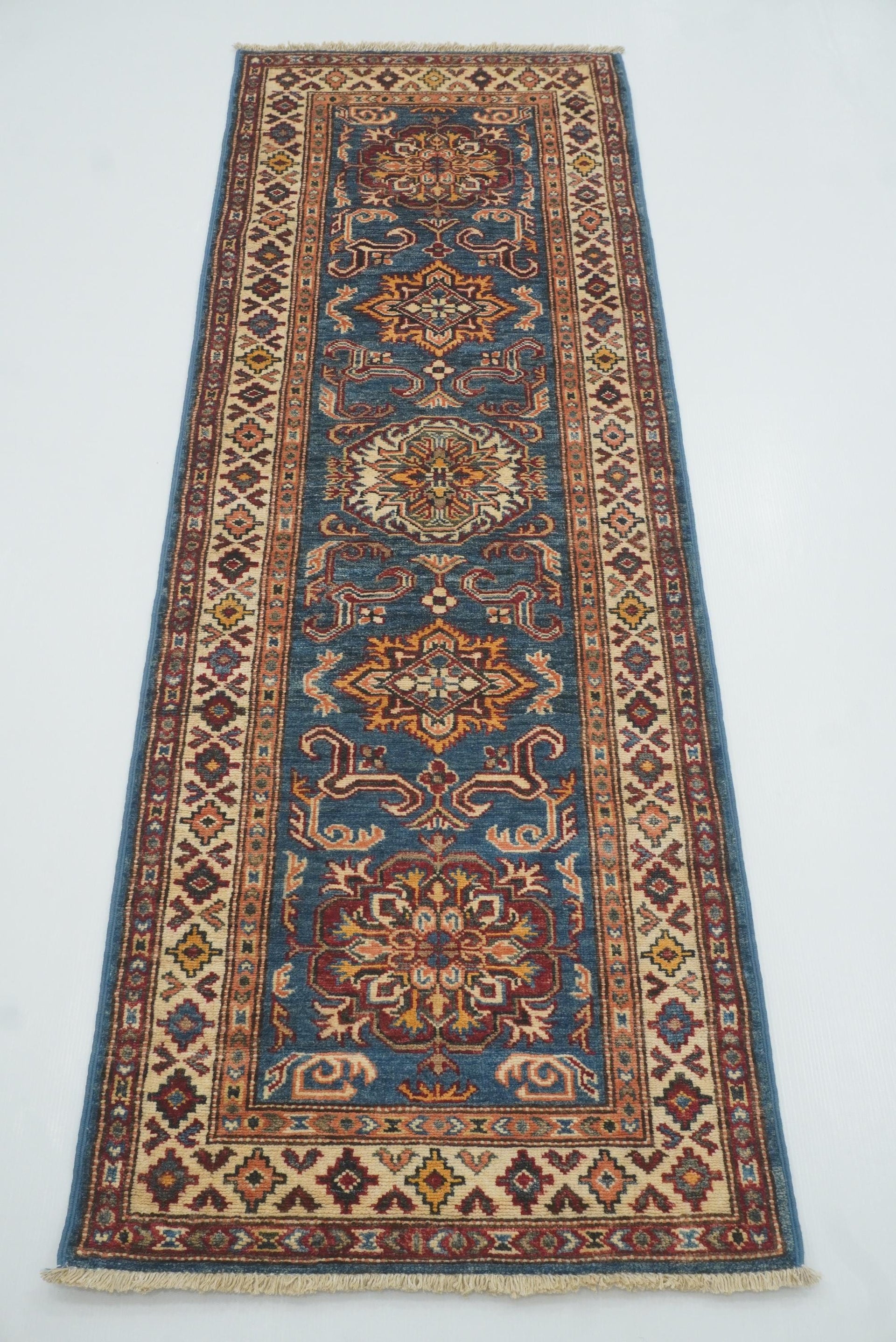 2x6 Blue Kazak Afghan Hand knotted Runner Rug - Yildiz Rugs
