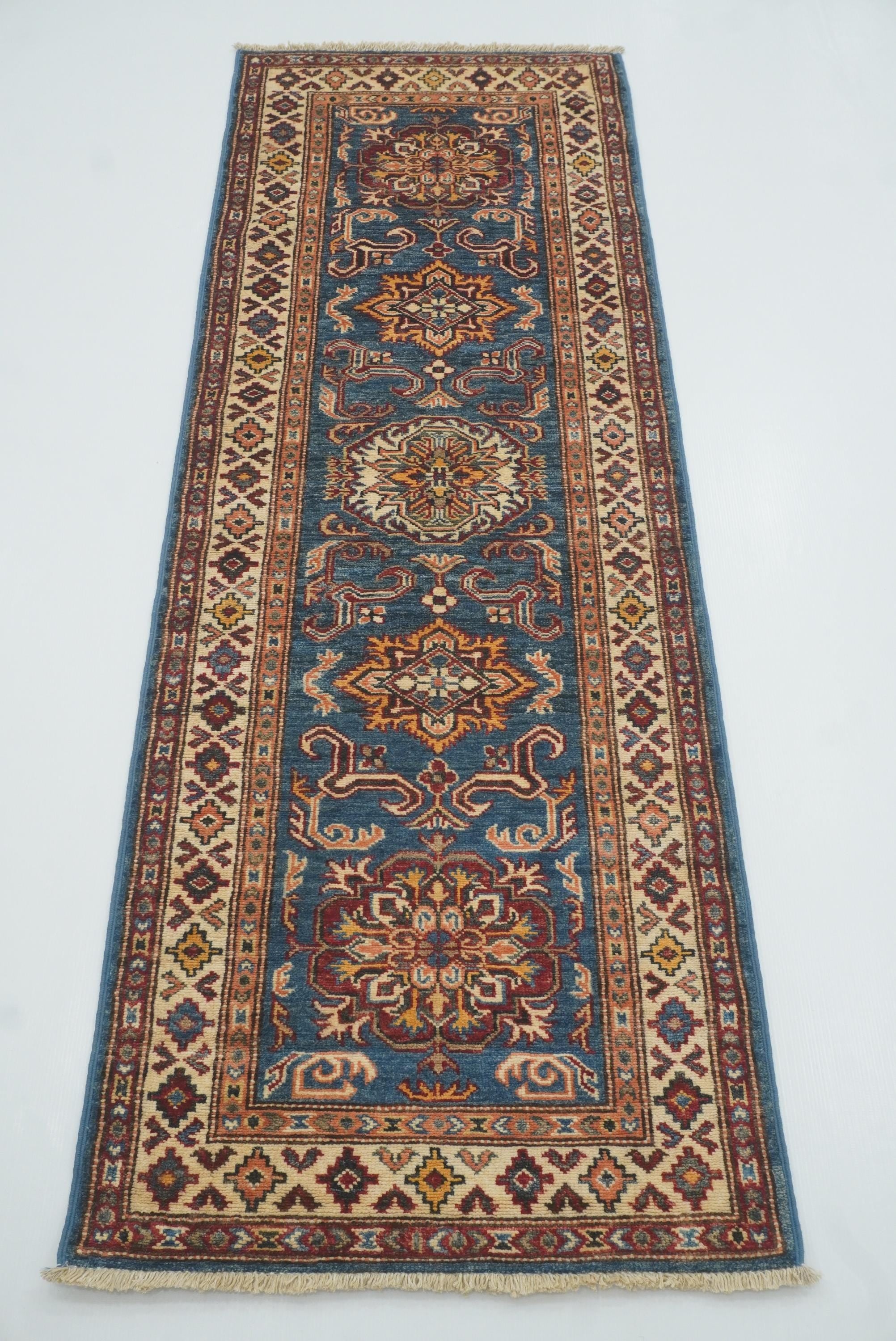 2x6 Blue Kazak Afghan Hand knotted Runner Rug - Yildiz Rugs
