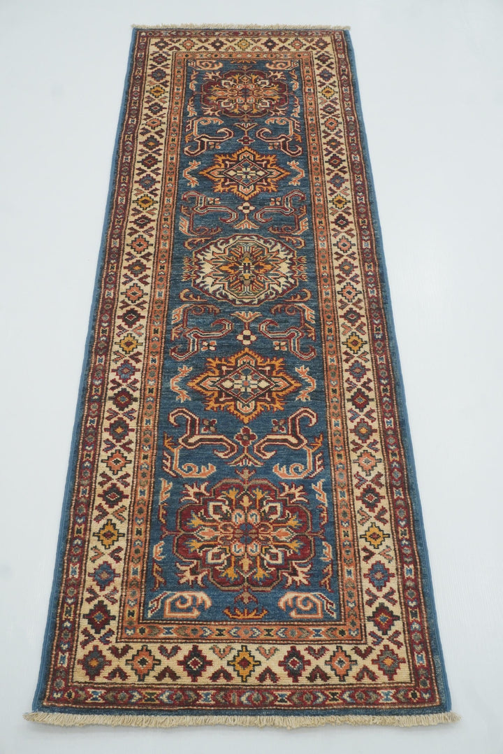 2x6 Blue Kazak Afghan Hand knotted Runner Rug - Yildiz Rugs