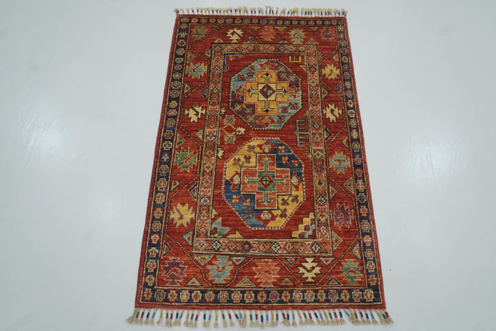 3x4 Red Ersari Hand Knotted Afghan Wool Oriental Rug - Yildiz Rugs