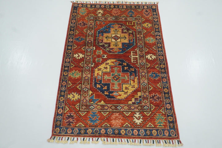 3x4 Red Ersari Hand Knotted Afghan Wool Oriental Rug - Yildiz Rugs