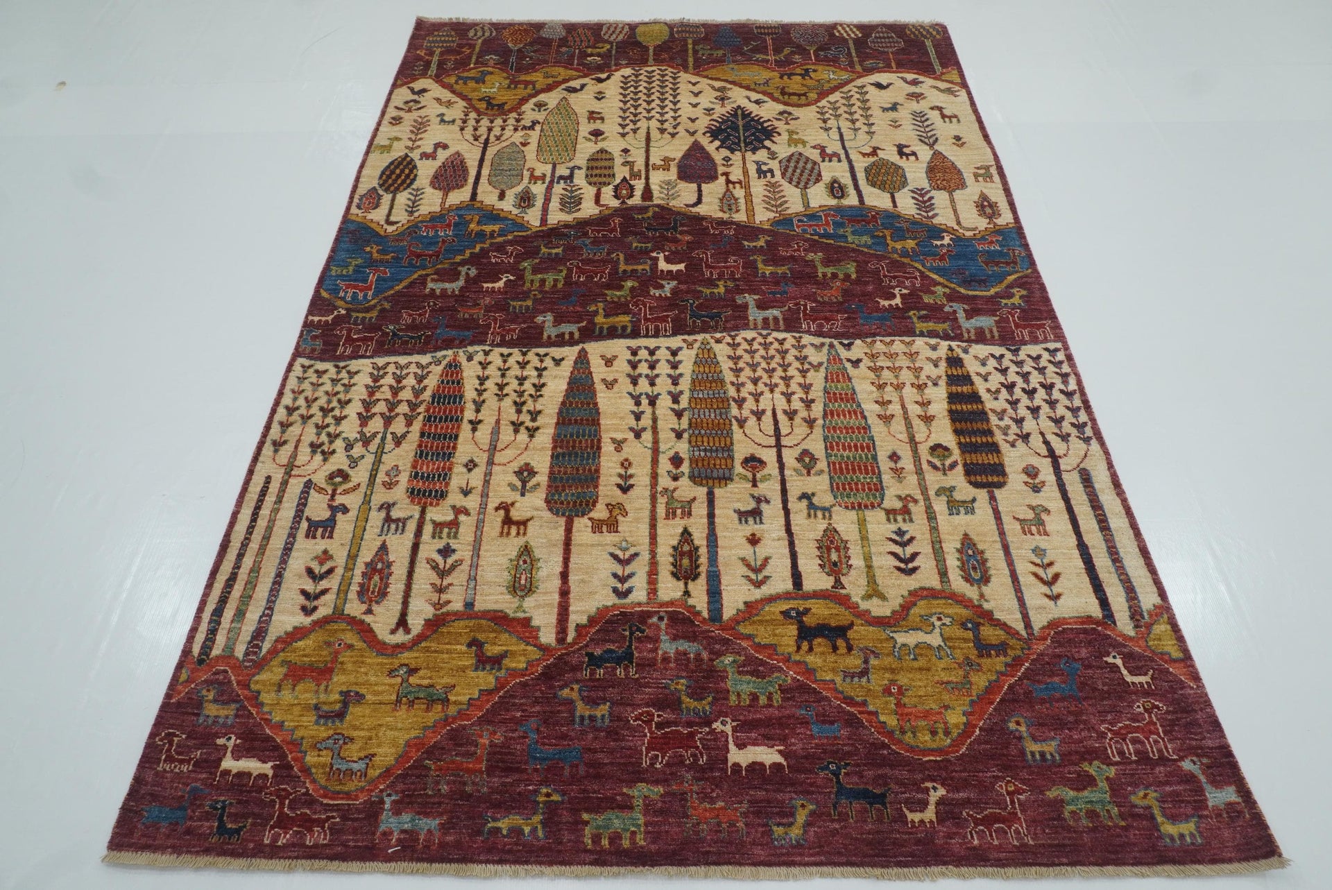 5'5"x8' Gabbeh Burgundy Hand-Knotted Afghan Wool Tree of Life Rug - Yildiz Rugs