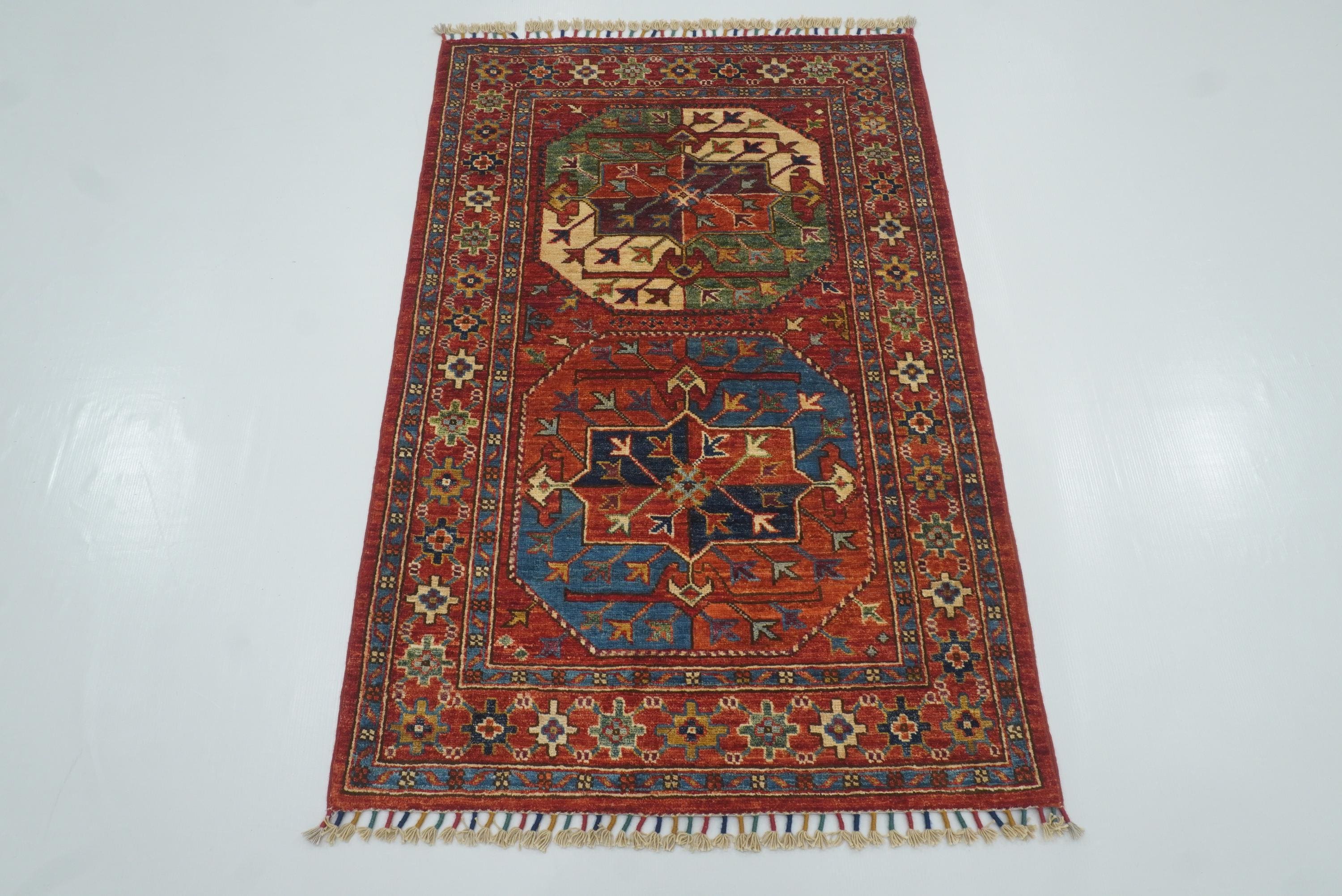 3x4 Red Ersari Hand Knotted Afghan Wool Oriental Rug - Yildiz Rugs
