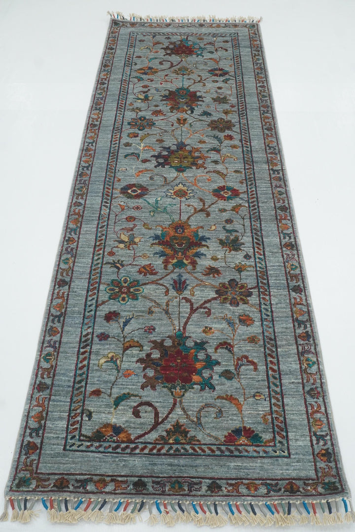 8 ft Waziri Blue Afghan Hand-Knotted Oriental Runner Rug - Yildiz Rugs