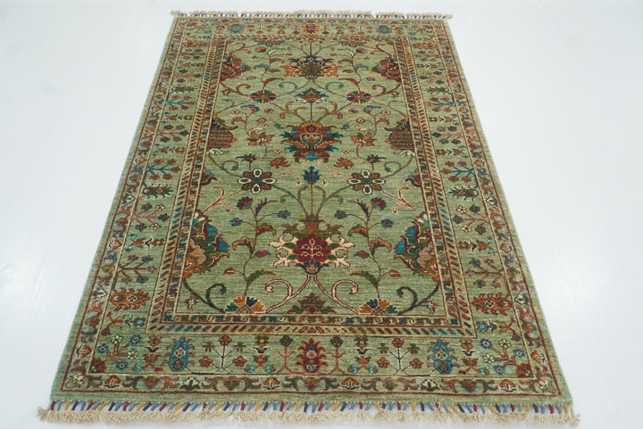 4x6 Sage Green Waziri Afghan Hand knotted Wool Oriental Rug - Yildiz Rugs