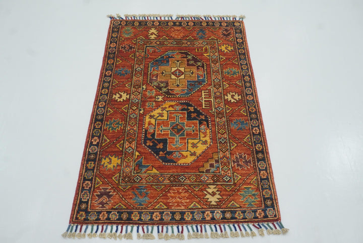 3x4 Red Ersari Hand Knotted Afghan Wool Oriental Rug - Yildiz Rugs